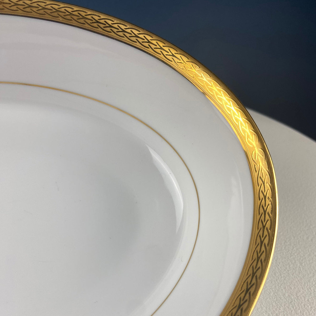 White Porcelain Oval Serving Bowl with Embossed Gold Band. Wedding Band China. Contemporary Noritake Queen's Gold. Dining Room Decor.