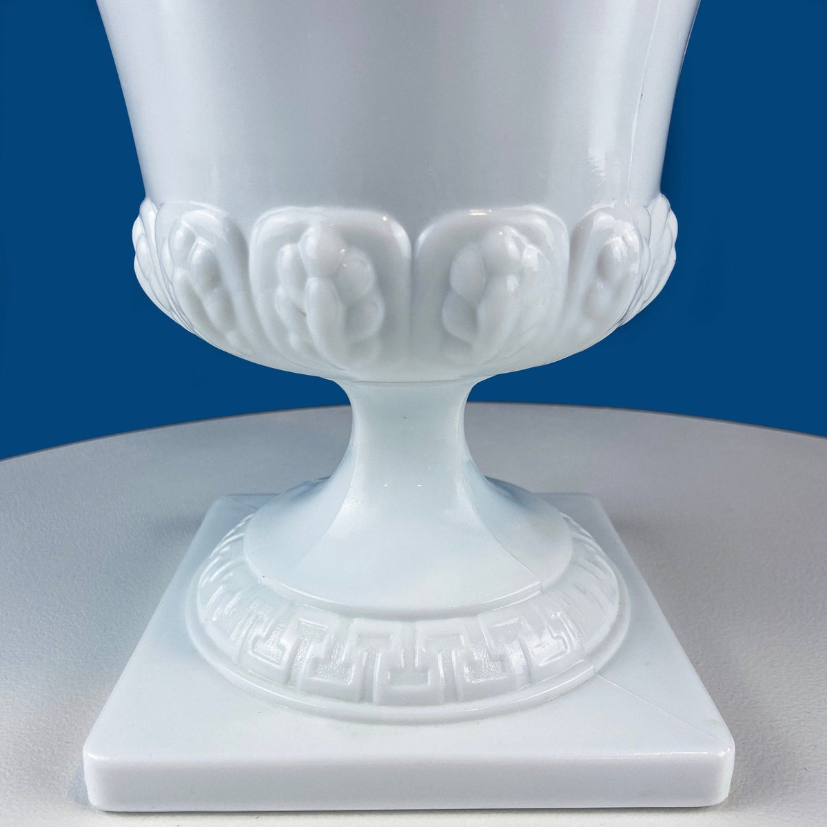 Vintage Large Milk Glass Urn or Compote Pedestal with Greek Key & Wheat Motif. 9" Tall White Footed E.O Brody Planter. Herb Garden.