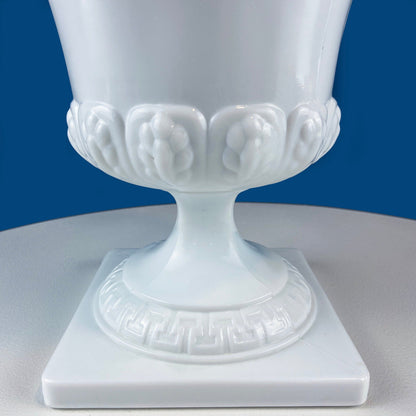 Vintage Large Milk Glass Urn or Compote Pedestal with Greek Key & Wheat Motif. 9" Tall White Footed E.O Brody Planter. Herb Garden.