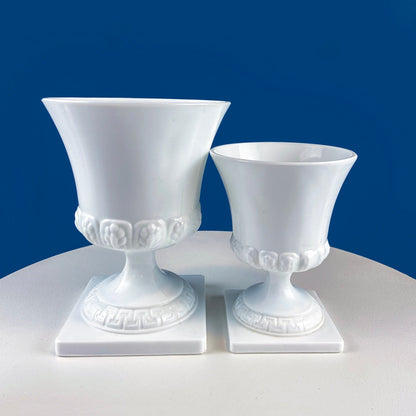 Vintage Large Milk Glass Urn or Compote Pedestal with Greek Key & Wheat Motif. 9" Tall White Footed E.O Brody Planter. Herb Garden.