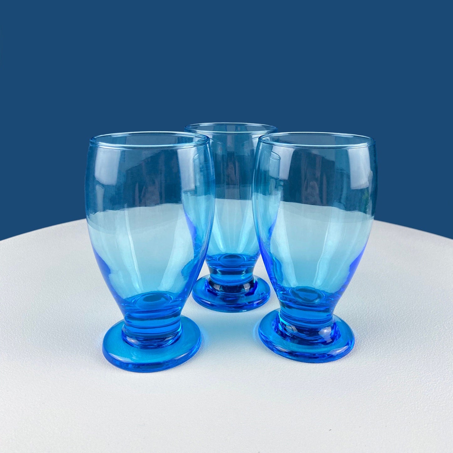 Modern Topaz Stemmed Tumblers. Set of Six Footed Juice Glasses. Blue Kitchen Decor. Dining Room Decor. Collectible Glasses. Wedding Gift.