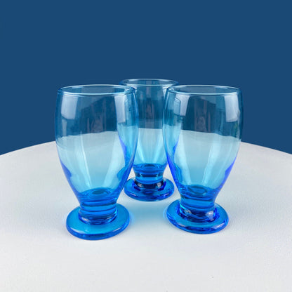 Modern Topaz Stemmed Tumblers. Set of Six Footed Juice Glasses. Blue Kitchen Decor. Dining Room Decor. Collectible Glasses. Wedding Gift.