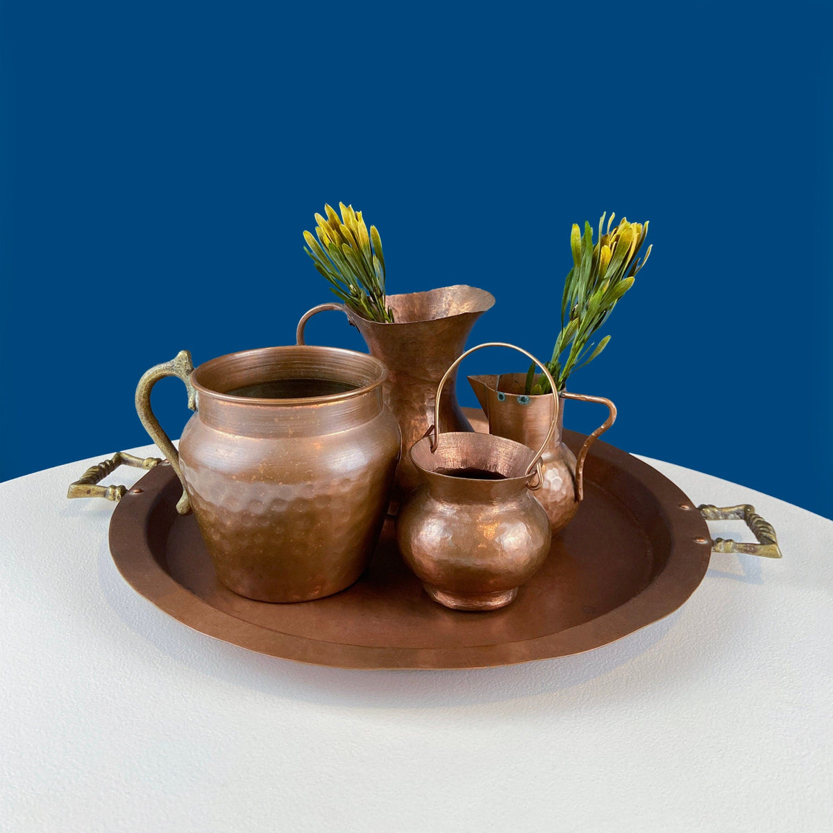 Antique Hand Pounded Copper & Tin Pail Storage Container or Vase with Lid and Brass Handle. Embossed Floral Folk Motif. Ethnic Home Decor.
