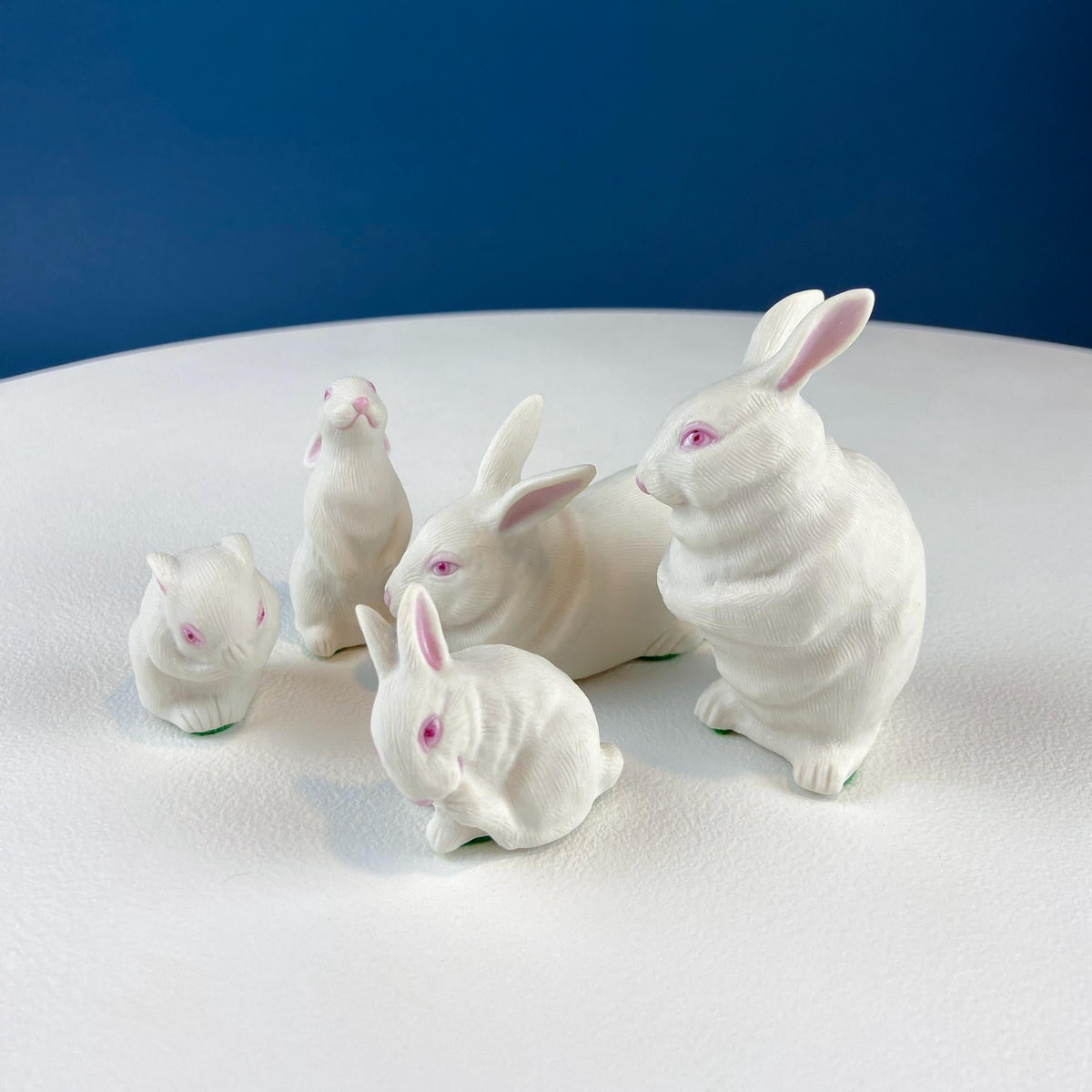Family of White Porcelain Bunnies with Pink Ears & Eyes. 5 Small Figurines. Home Kids Room Decor. Easter Display. Gift for Him or Her.