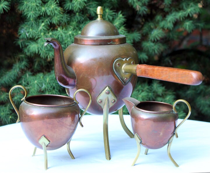 Antique Copper Turkish Coffee Maker Set, Wooden Handle, Tin Lined