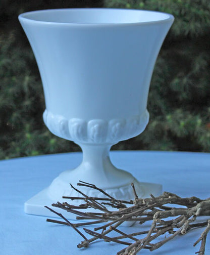 Vintage Large Milk Glass Urn or Compote Pedestal with Greek Key & Wheat Motif. 9" Tall White Footed E.O Brody Planter. Herb Garden.