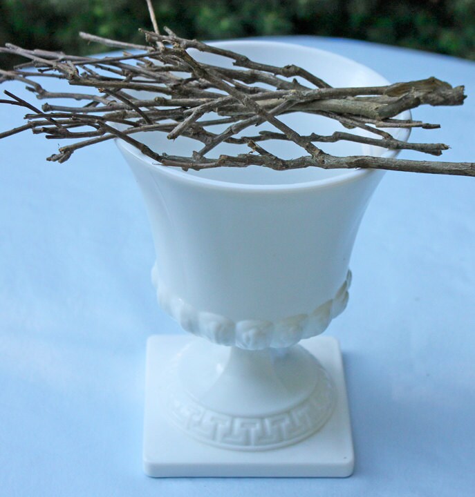 Vintage Large Milk Glass Urn or Compote Pedestal with Greek Key & Wheat Motif. 9" Tall White Footed E.O Brody Planter. Herb Garden.