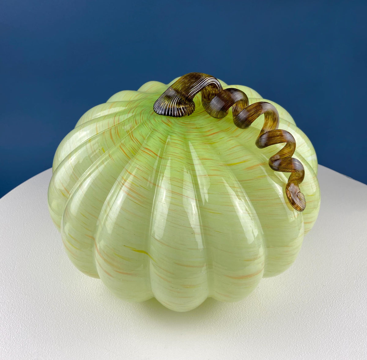 Large Hand Blown Glass Pumpkin. Stunning Lime Yellow Glass Gourd with Brown Stem. Collectible Home Decor for Fall, Halloween, Thanksgiving.