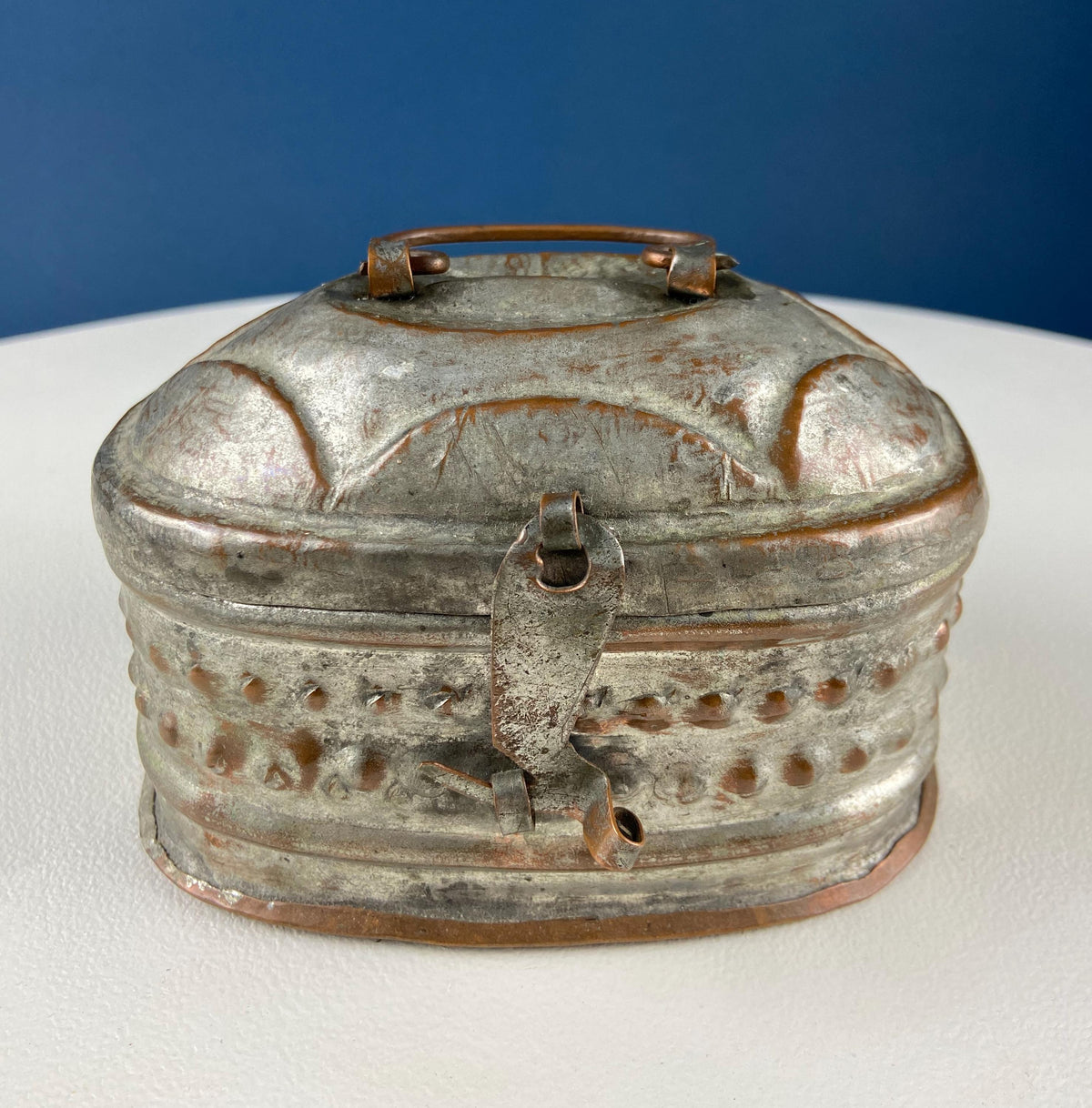 Hand Pounded Copper Cricket Boxes with Hinged Lids. Set of 4 Oval Metal Boxes with Perforated Bases. Rustic Collection of Containers.