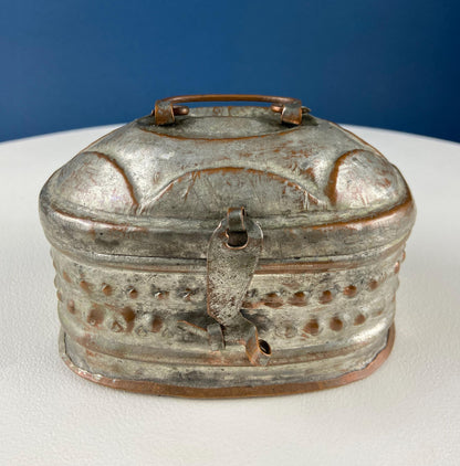 Hand Pounded Copper Cricket Boxes with Hinged Lids. Set of 4 Oval Metal Boxes with Perforated Bases. Rustic Collection of Containers.