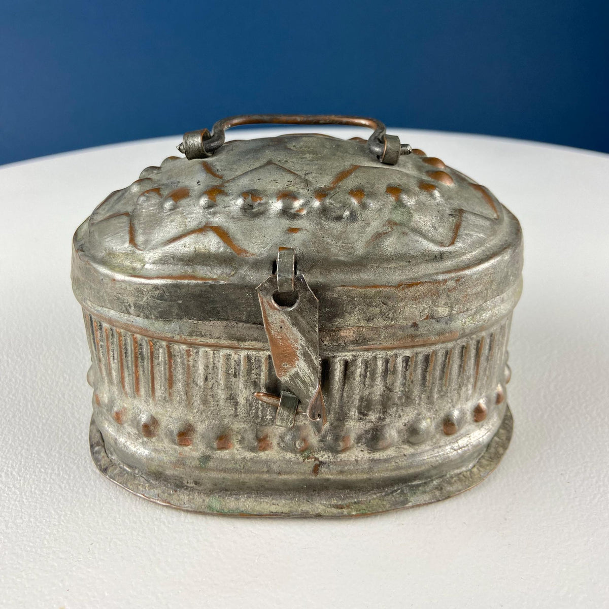 Hand Pounded Copper Cricket Boxes with Hinged Lids. Set of 4 Oval Metal Boxes with Perforated Bases. Rustic Collection of Containers.