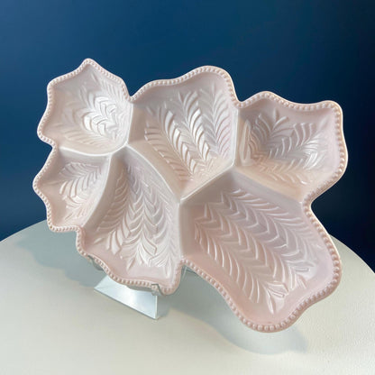 Vintage Shell Pink Jeanette Milk Glass Divided Serving Platter. Stunning 3-d Feather Motif. 6 Section Bowl.  Appetizers Condiments Fruit.