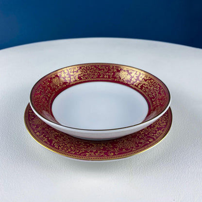 Red & Gold Salad or Dessert  Plates with Matching Berry Bowls. Floral Motif. Harmony House. Set of 6.  Dining Rm Decor. Holiday Table Decor.