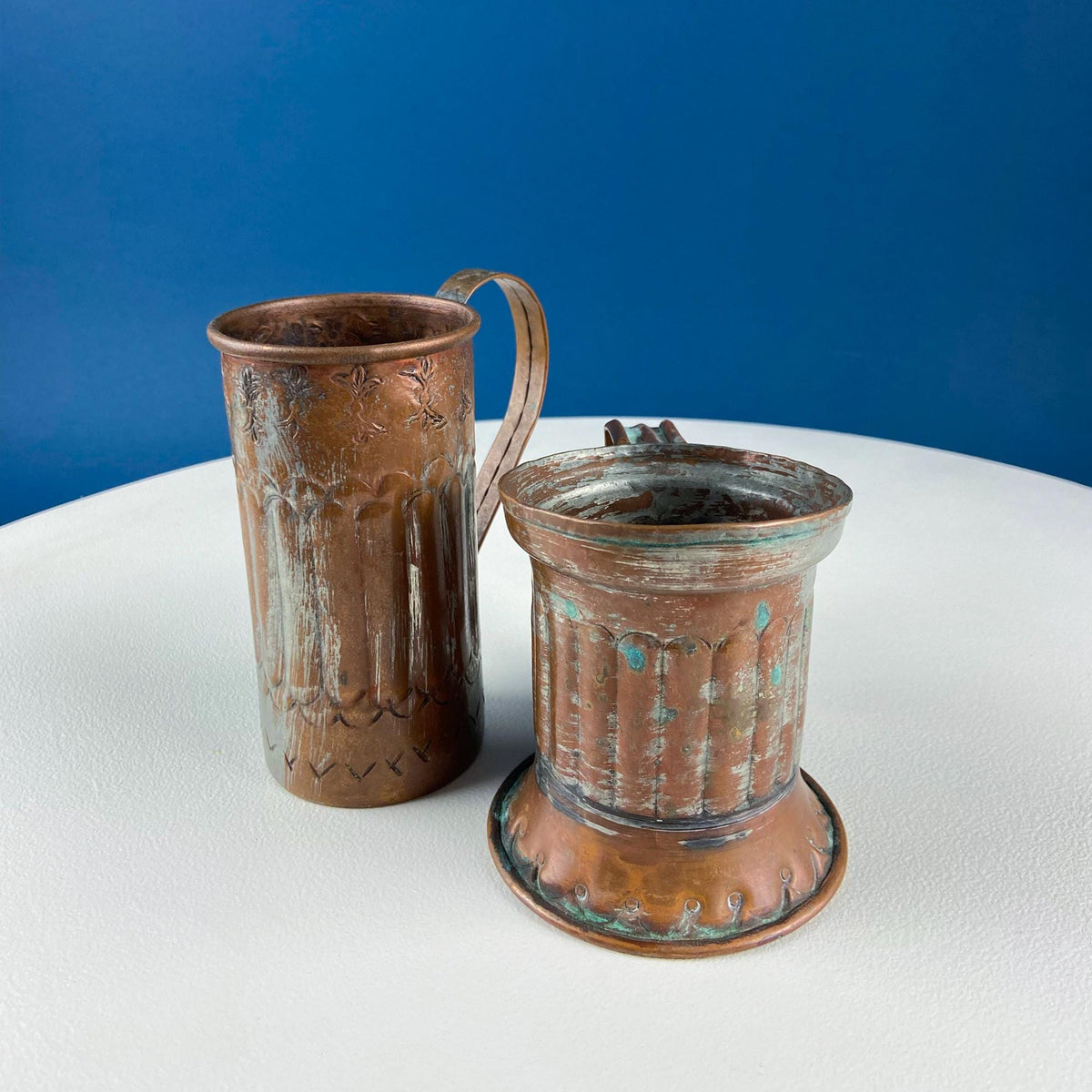 Antique Rustic Hand Pounded Copper and Tin Cups. Set of 4 Different Vessels. Beautiful Fluting. Rustic Home Decor. Gift for Him or Her.