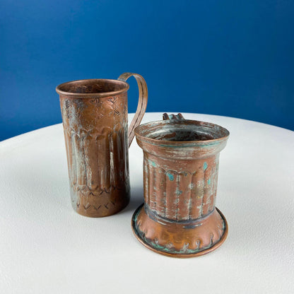 Antique Rustic Hand Pounded Copper and Tin Cups. Set of 4 Different Vessels. Beautiful Fluting. Rustic Home Decor. Gift for Him or Her.