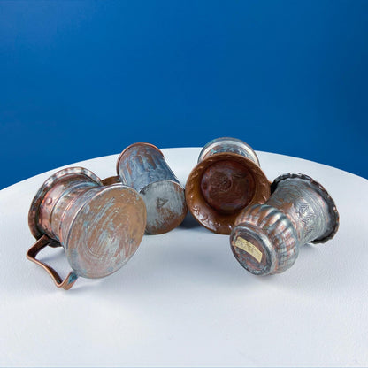 Antique Rustic Hand Pounded Copper and Tin Cups. Set of 4 Different Vessels. Beautiful Fluting. Rustic Home Decor. Gift for Him or Her.