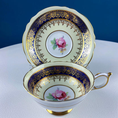 Vintage Paragon Cup and Saucer. Porcelain Tea Set. Lt Yellow with Dark Blue and Gold Bend. Rose Motif.  Excellent Gift Idea for Tea Lover.