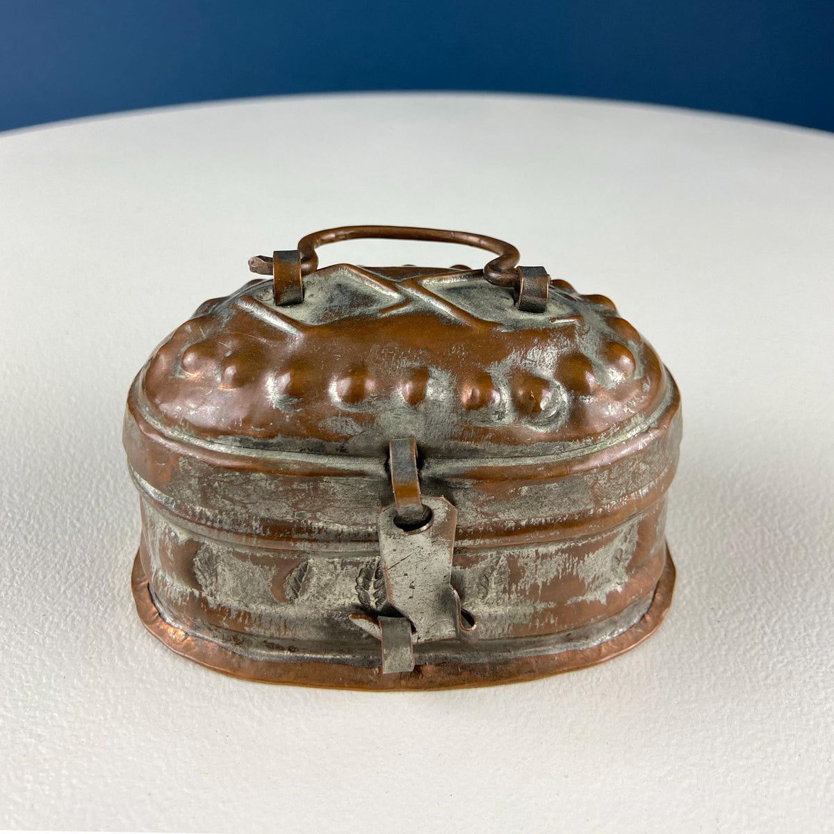 Hand Pounded Copper Cricket Boxes with Hinged Lids. Set of 4 Oval Metal Boxes with Perforated Bases. Rustic Collection of Containers.