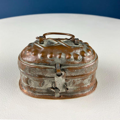 Hand Pounded Copper Cricket Boxes with Hinged Lids. Set of 4 Oval Metal Boxes with Perforated Bases. Rustic Collection of Containers.
