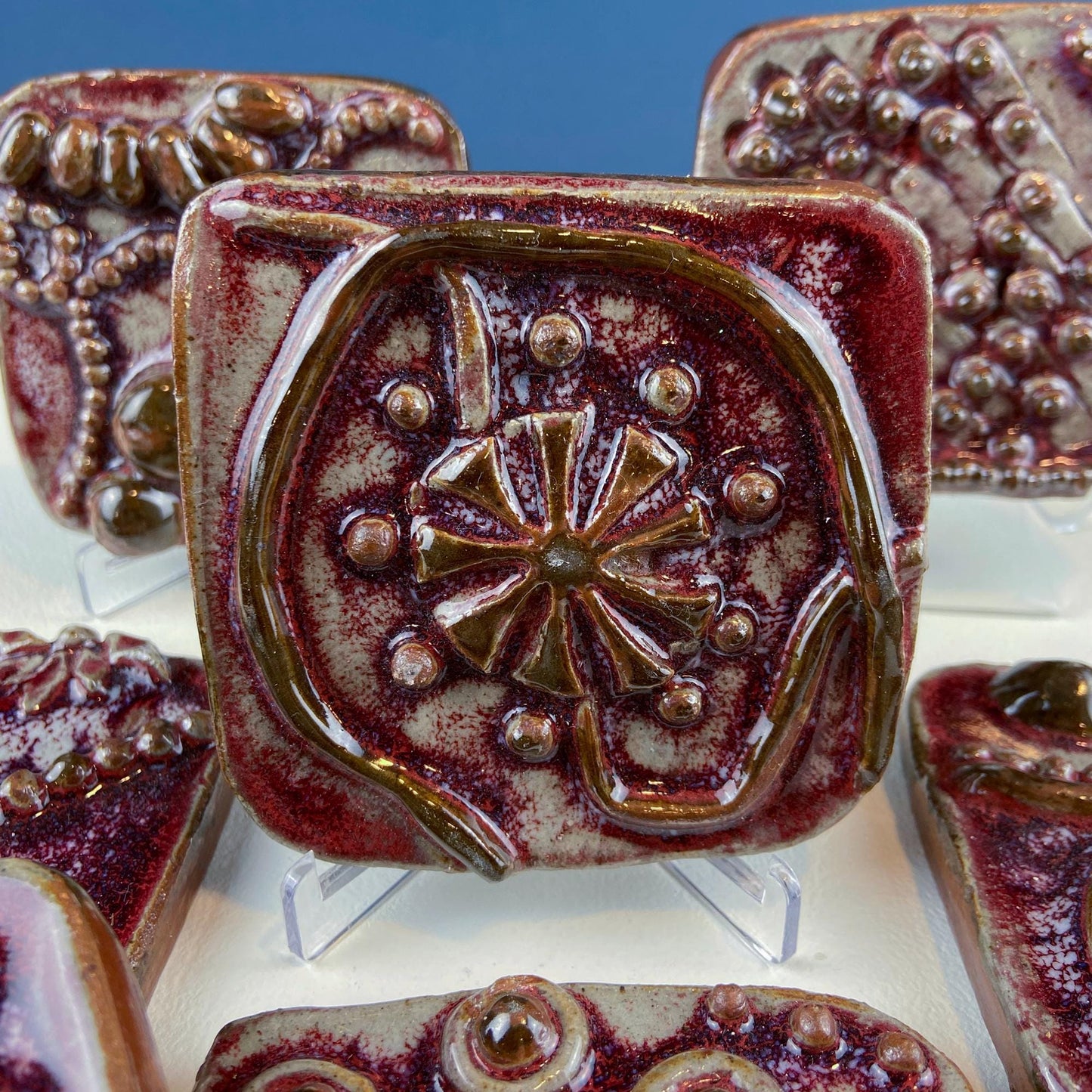 Set of 7 Handmade 3D High Gloss Art Tiles. Dark Red Translucent Glaze. Water Creatures Formations Flora. Wall Decor. Gift for Artist.