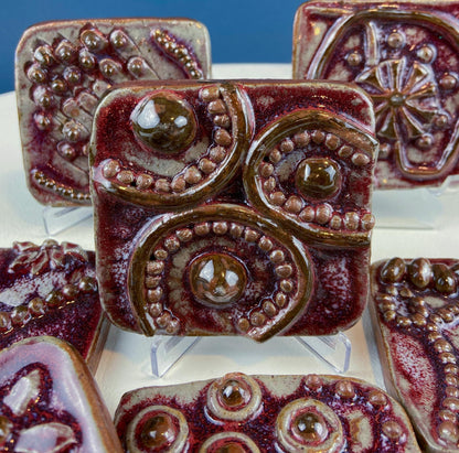 Set of 7 Handmade 3D High Gloss Art Tiles. Dark Red Translucent Glaze. Water Creatures Formations Flora. Wall Decor. Gift for Artist.