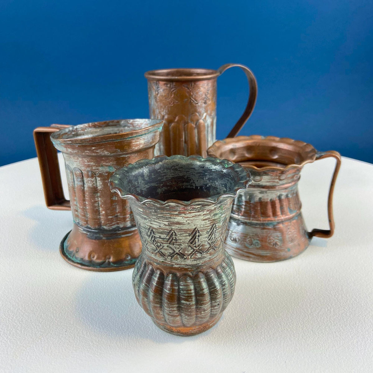 Antique Rustic Hand Pounded Copper and Tin Cups. Set of 4 Different Vessels. Beautiful Fluting. Rustic Home Decor. Gift for Him or Her.