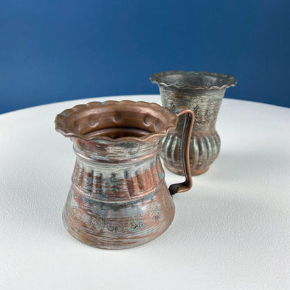 Antique Rustic Hand Pounded Copper and Tin Cups. Set of 4 Different Vessels. Beautiful Fluting. Rustic Home Decor. Gift for Him or Her.