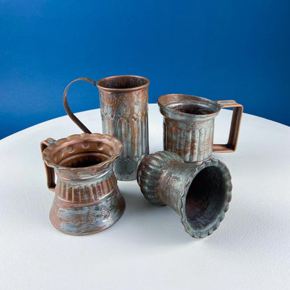 Antique Rustic Hand Pounded Copper and Tin Cups. Set of 4 Different Vessels. Beautiful Fluting. Rustic Home Decor. Gift for Him or Her.