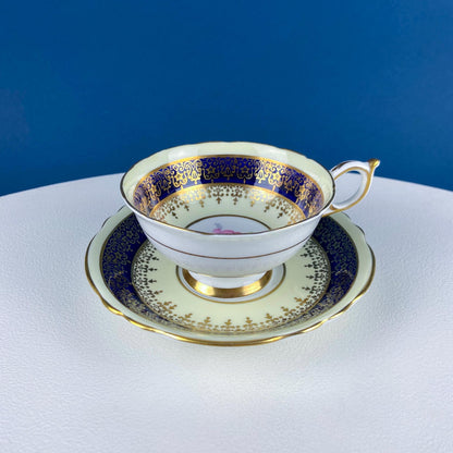 Vintage Paragon Cup and Saucer. Porcelain Tea Set. Lt Yellow with Dark Blue and Gold Bend. Rose Motif.  Excellent Gift Idea for Tea Lover.