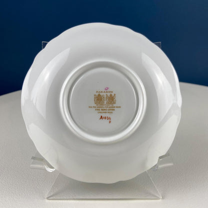 Vintage Paragon Cup and Saucer. Porcelain Tea Set. Lt Yellow with Dark Blue and Gold Bend. Rose Motif.  Excellent Gift Idea for Tea Lover.