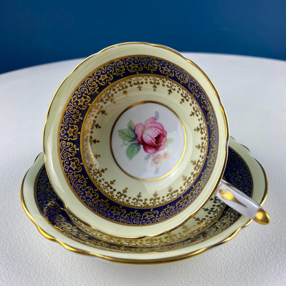Vintage Paragon Cup and Saucer. Porcelain Tea Set. Lt Yellow with Dark Blue and Gold Bend. Rose Motif.  Excellent Gift Idea for Tea Lover.