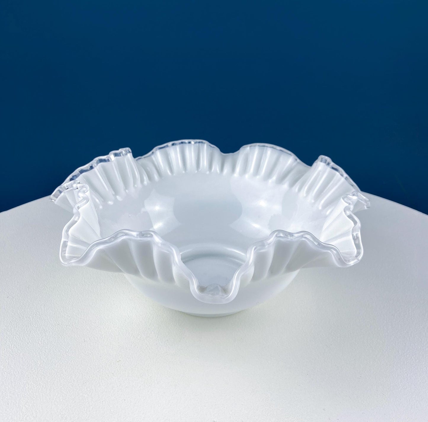 Silvercrest Bowl with Ruffled Edge. White Glass Fruit Bowl or Serving Dish with Clear Brim. Table Centerpiece. Serviceware. Wedding Gift.