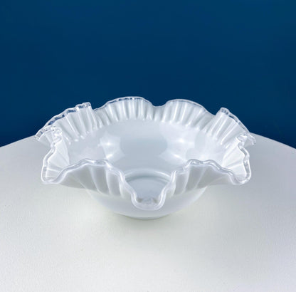 Silvercrest Bowl with Ruffled Edge. White Glass Fruit Bowl or Serving Dish with Clear Brim. Table Centerpiece. Serviceware. Wedding Gift.