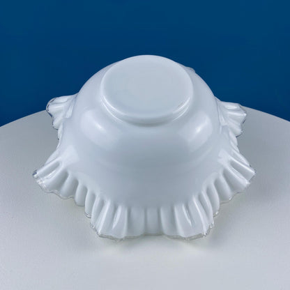 Large Silvercrest Bowl with Ruffled Edge. White Glass Fruit Bowl or Serving Dish with Clear Brim. Table Centerpiece. Wedding Gift.