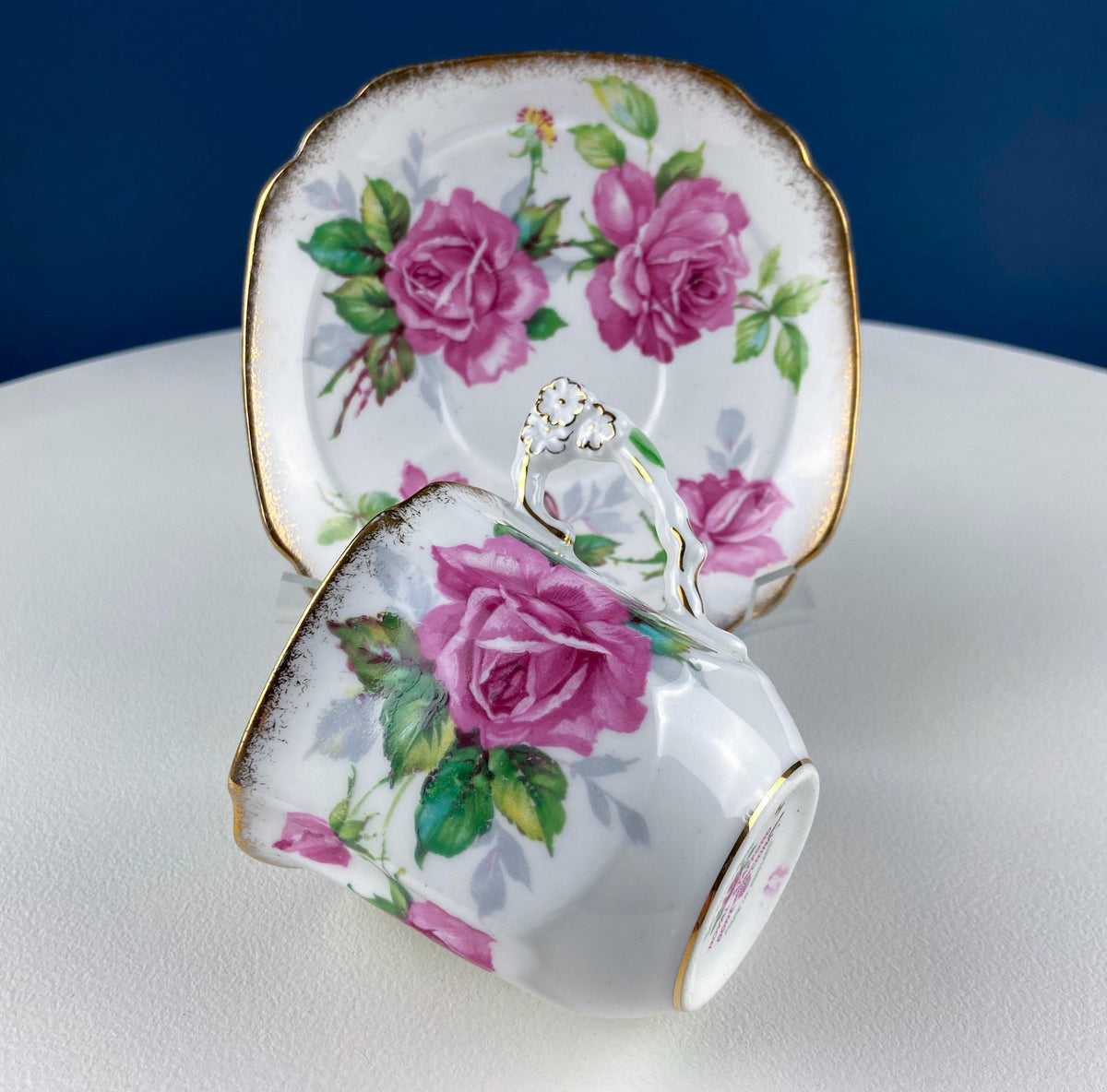 Square Tea or Coffee Cup with Bold Pink Roses and Floral Handle. Royal Stafford Berkeley Rose. Gift for a Romantic in Your Life.
