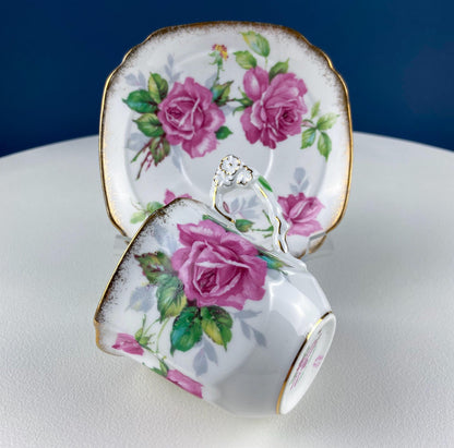 Square Tea or Coffee Cup with Bold Pink Roses and Floral Handle. Royal Stafford Berkeley Rose. Gift for a Romantic in Your Life.