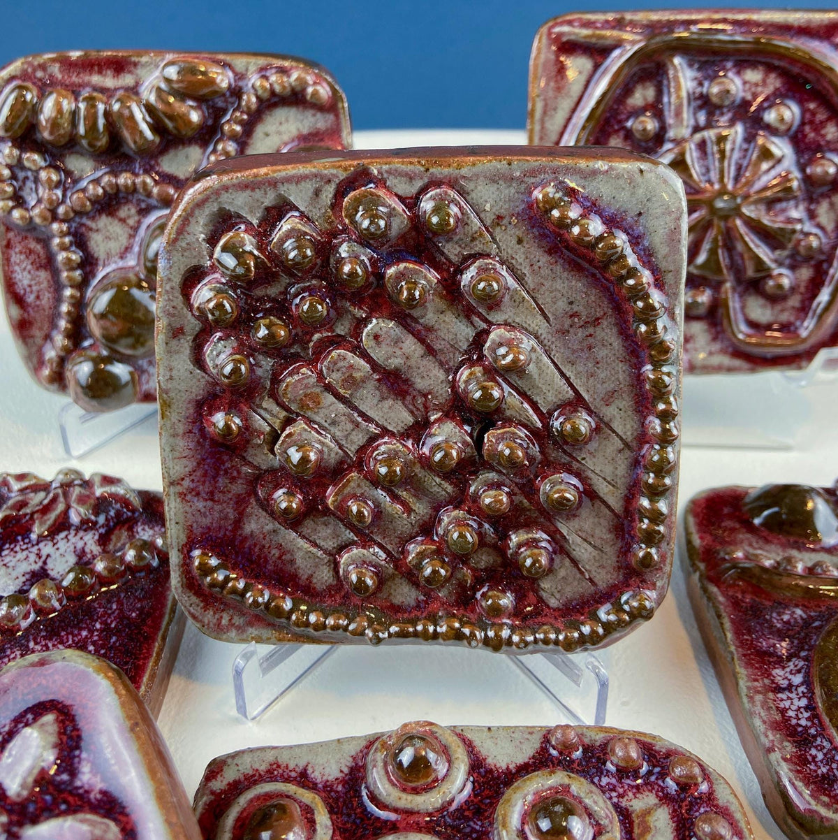 Set of 7 Handmade 3D High Gloss Art Tiles. Dark Red Translucent Glaze. Water Creatures Formations Flora. Wall Decor. Gift for Artist.