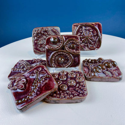 Set of 7 Handmade 3D High Gloss Art Tiles. Dark Red Translucent Glaze. Water Creatures Formations Flora. Wall Decor. Gift for Artist.