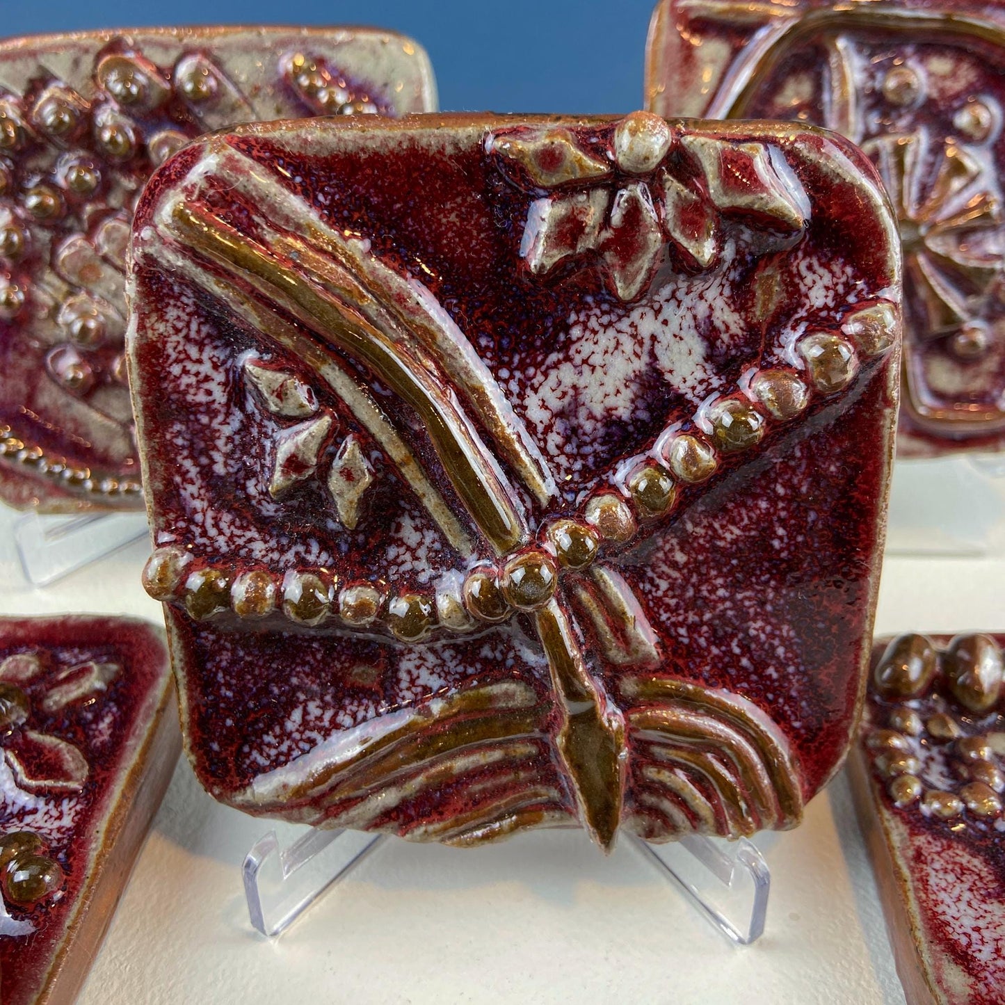 Set of 7 Handmade 3D High Gloss Art Tiles. Dark Red Translucent Glaze. Water Creatures Formations Flora. Wall Decor. Gift for Artist.