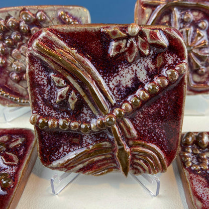 Set of 7 Handmade 3D High Gloss Art Tiles. Dark Red Translucent Glaze. Water Creatures Formations Flora. Wall Decor. Gift for Artist.