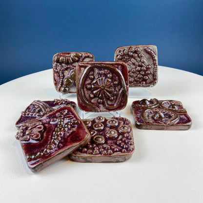 Set of 7 Handmade 3D High Gloss Art Tiles. Dark Red Translucent Glaze. Water Creatures Formations Flora. Wall Decor. Gift for Artist.
