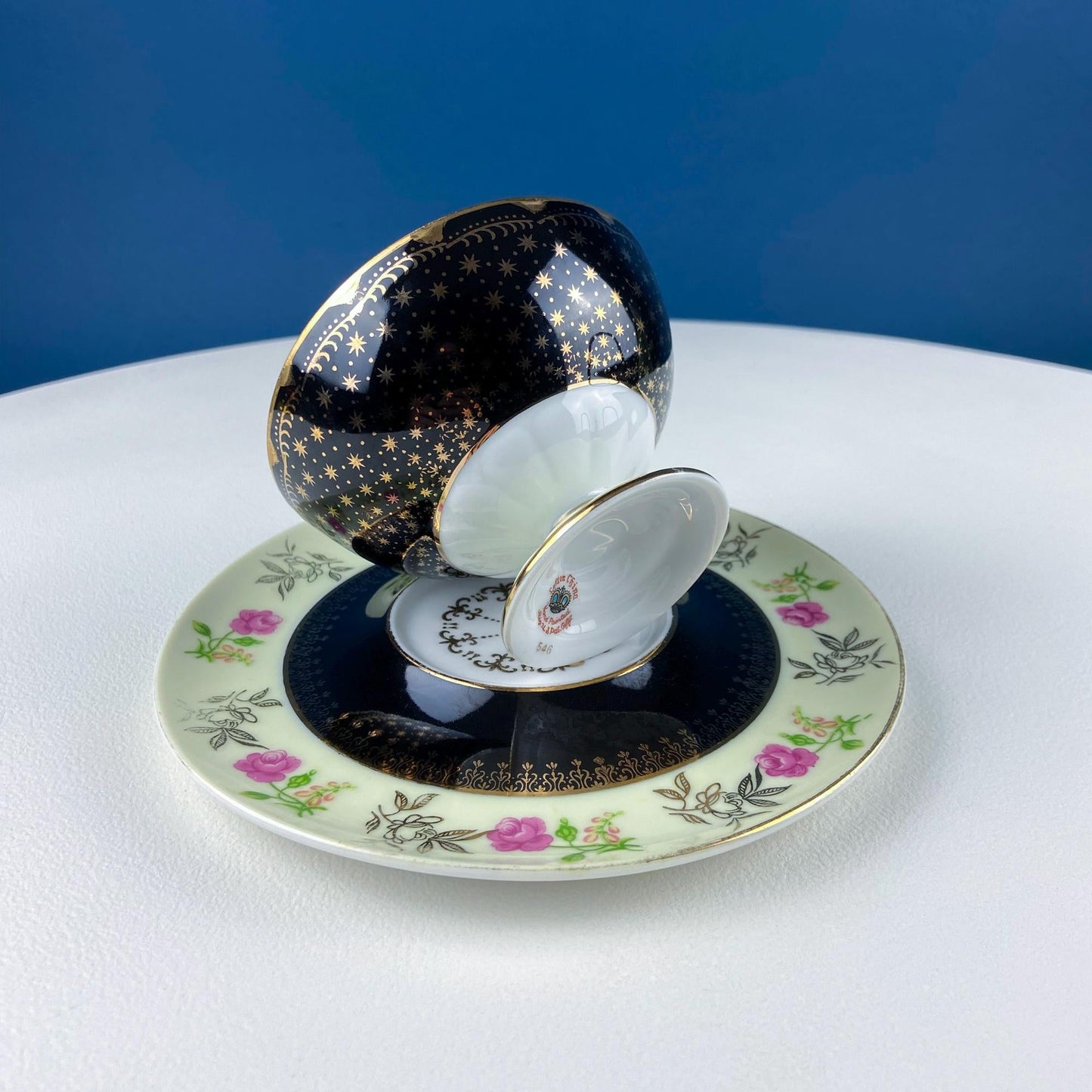 Antique Lefton Black and Gold Tea Cup and Saucer. Hand Painted Rose Motif. Dining Room Decor. Gift for Him or Her. Collectible Porcelain.