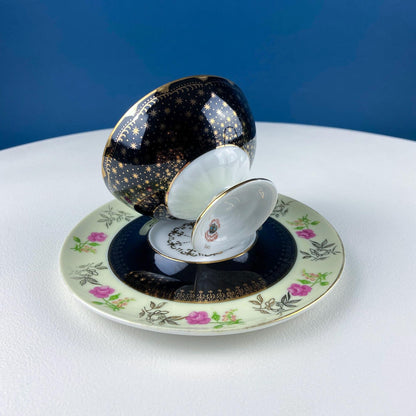 Antique Lefton Black and Gold Tea Cup and Saucer. Hand Painted Rose Motif. Dining Room Decor. Gift for Him or Her. Collectible Porcelain.
