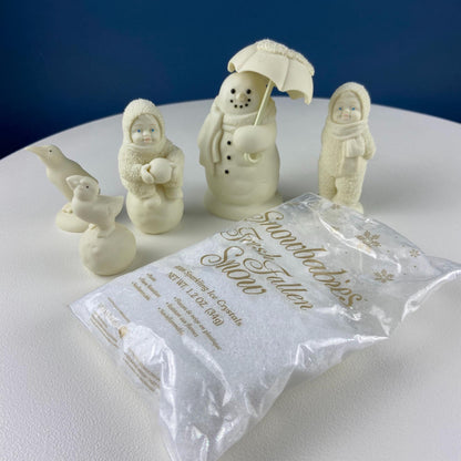 Snowbabies Playing with Snowman & Birds. "Jolly Friends Forevermore" by Dept. 56. White Porcelain Figurines Celebrating Friendship. Kids Rm.