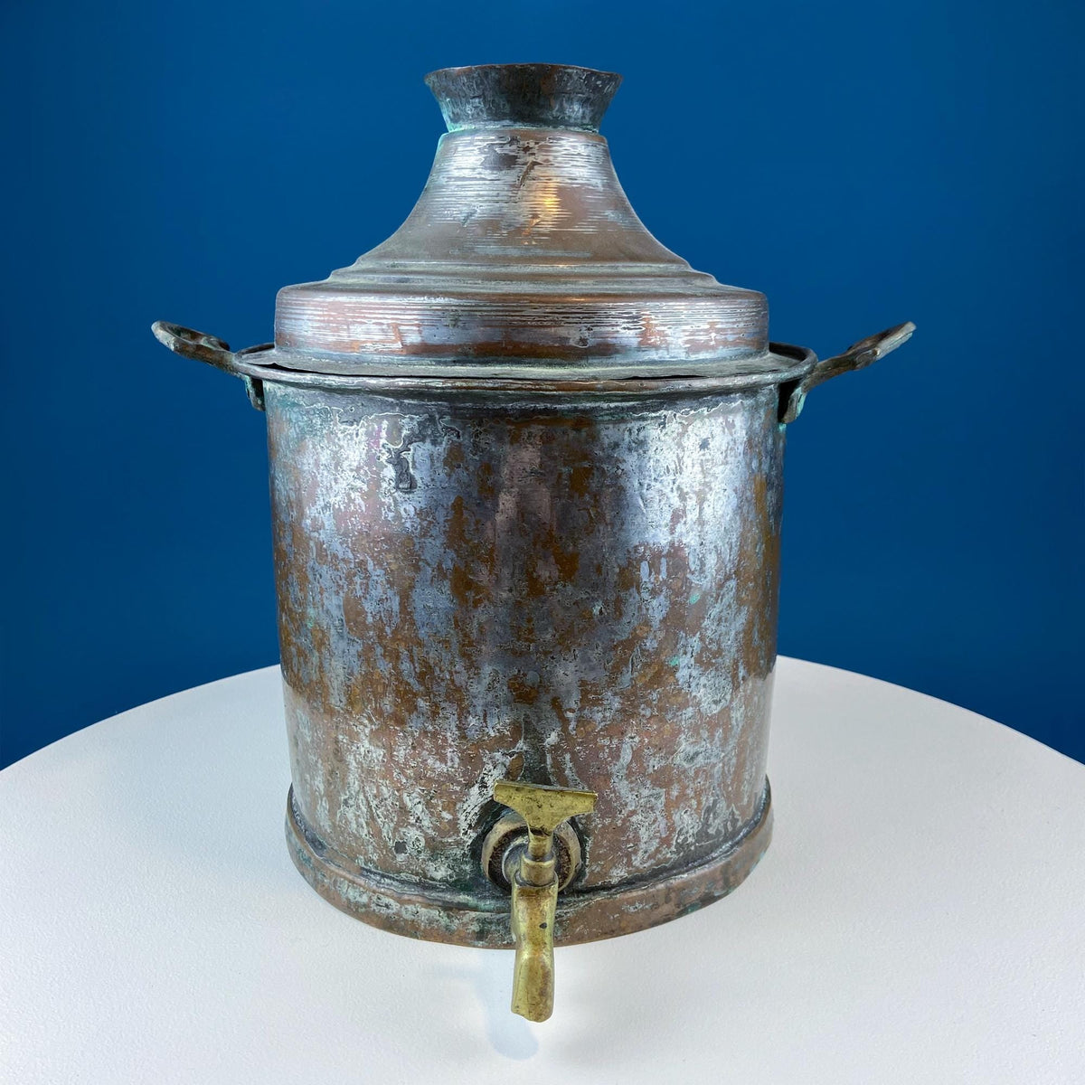 Hand Pounded Tin Copper Turkish Beverage Dispenser with Brass Spigot & Handles. Rustic Jug.