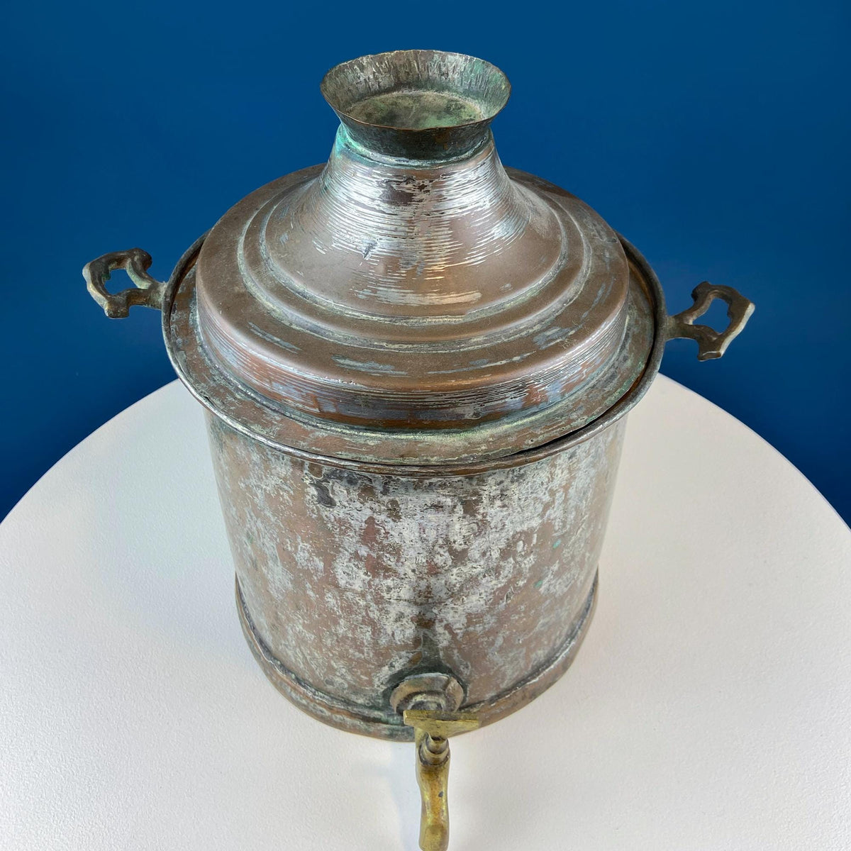 Hand Pounded Tin Copper Turkish Beverage Dispenser with Brass Spigot & Handles. Rustic Jug.