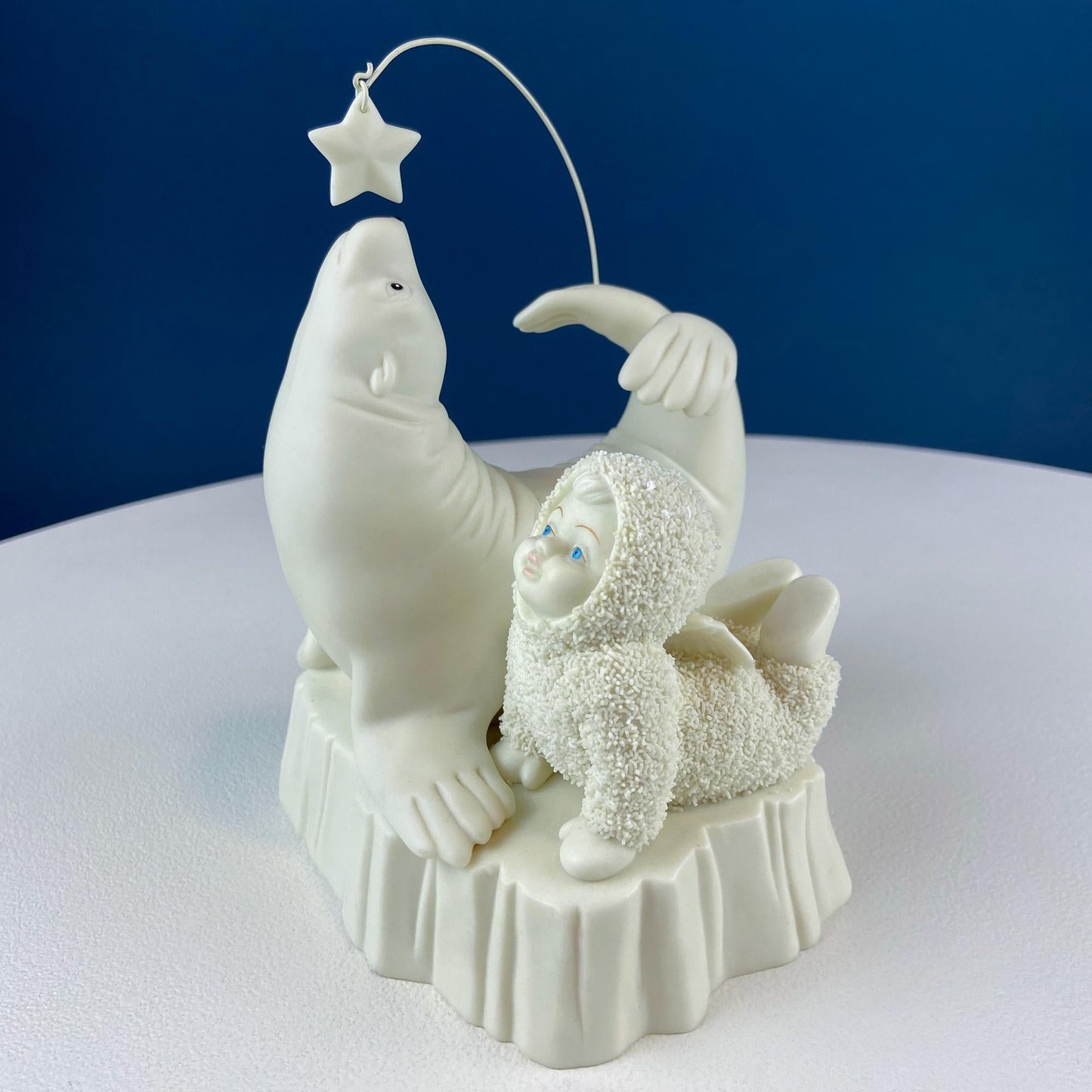 Polar Pals Playing in Snow Under Lit Christmas Tree. 3 White Porcelain Cupid Figurines Celebrating Friendship. Kids Room. Night Light.