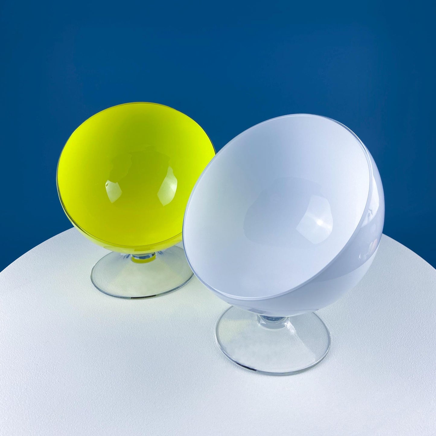 Modern White & Clear Glass Vase with Swirl Handle. Unique White Cased Hand Blown Art Glass with Scroll. Bath Storage. Interior Design Ideas.