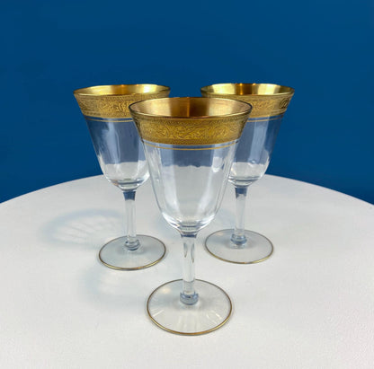 Antique Tiffin Franciscan Wine Goblets with Embossed Gold Rims. Set of 5 Faceted Mid Century Stemware. 24K Gold. Dining Room Decor. Gift for Him Her
