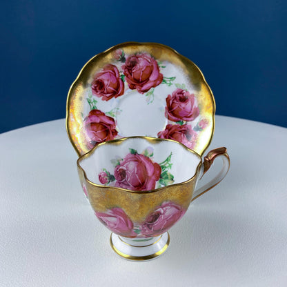 Teacup & Saucer with Large Red Roses and Rich Gold Rim. Queen Anne Fine China. Dining Room Decor. Romantic Gift for Tea Lover, Him or Her.